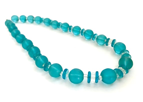 Aqua  & Clear Glass Bead Necklace, Translucent Aq… - image 1