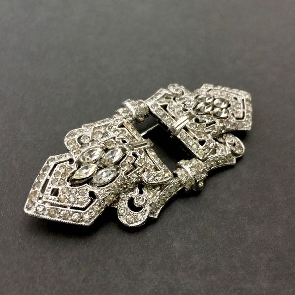 Art Deco Coro Rhinestone Duette, Rare 1930's Duette, Clear Marquis Round and Baguette Rhinestones, Collector Piece, Wedding Jewelry, Signed