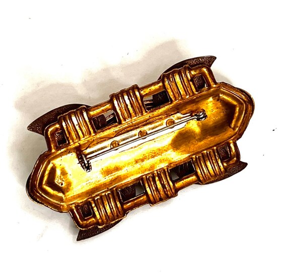 Art Deco Stamped Brass & Glass Brooch Textured Br… - image 10