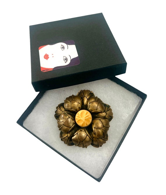 Brass Flower Brooch Carved Bakelite Antiqued Brass