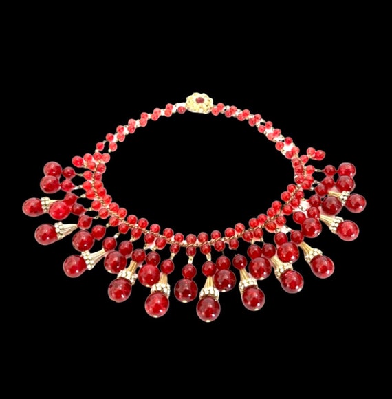 BNIP Vintage 1950's 2-String Red Glass Bead Choker Necklet Necklace  Deadstock 