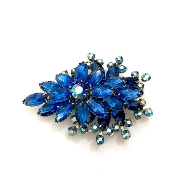 Cathe' Blue Rhinestone Floral Brooch, Blue Marqui… - image 6