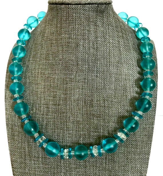 Aqua  & Clear Glass Bead Necklace, Translucent Aq… - image 4