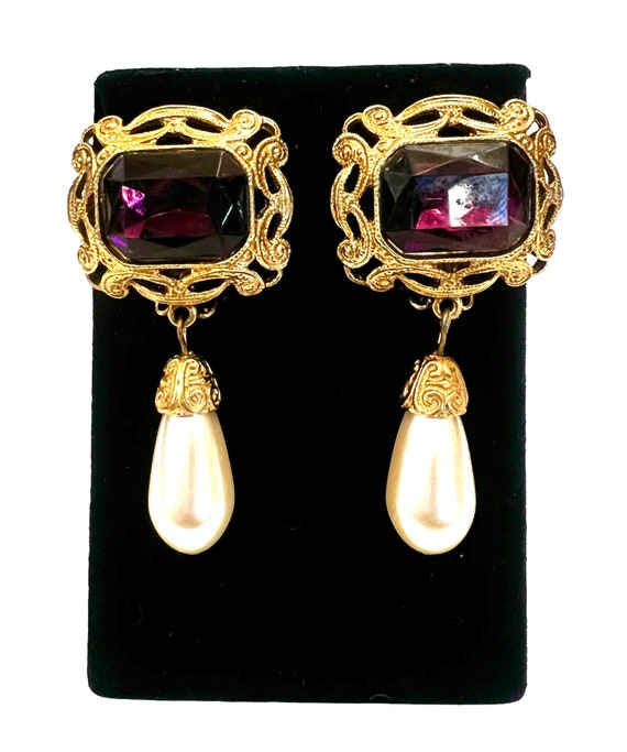 Elegant Purple Gold & Faux Pearl Dangle Earrings … - image 2