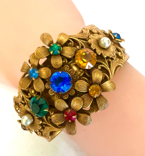 Wide Czech Filigree Floral Hinged Bangle Multi-Co… - image 5