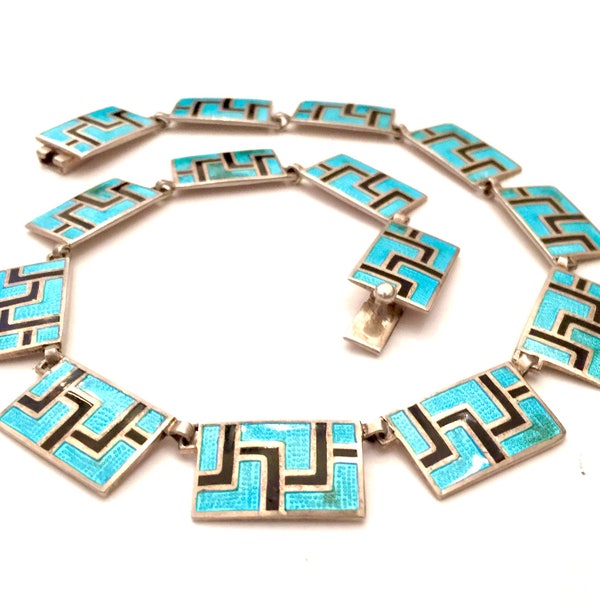 Margot de Taxco Blue Enamel & Sterling Silver Necklace, Geometric Design, Turquoise Black Champleve Enamel, Hallmarked, Vintage Gift for Her