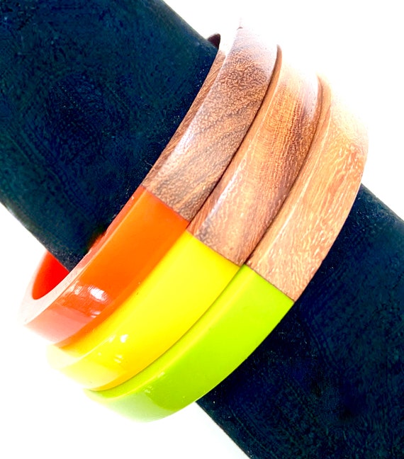 Fun Lot of 3 Lucite & Wood Bangle Orange Yellow a… - image 5