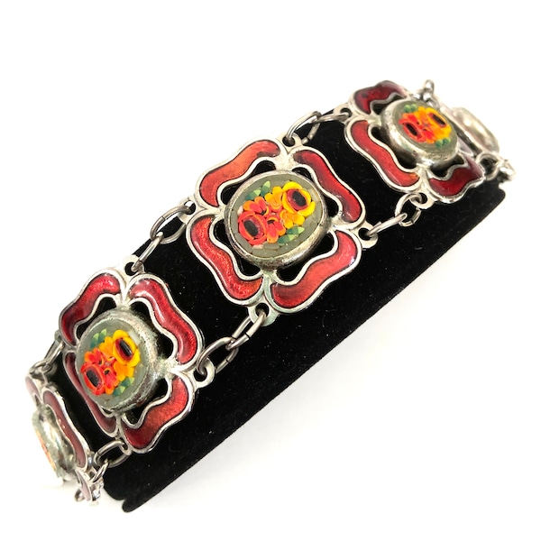 Unique Wide Italian Mosaic Enamel Link Bracelet Deep Red Enamel Border Floral Mosaic Center Silver Tone Metal Gift for Her