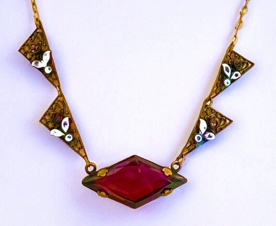Antique Amethyst Czech Glass Necklace Enamel Leaf… - image 8