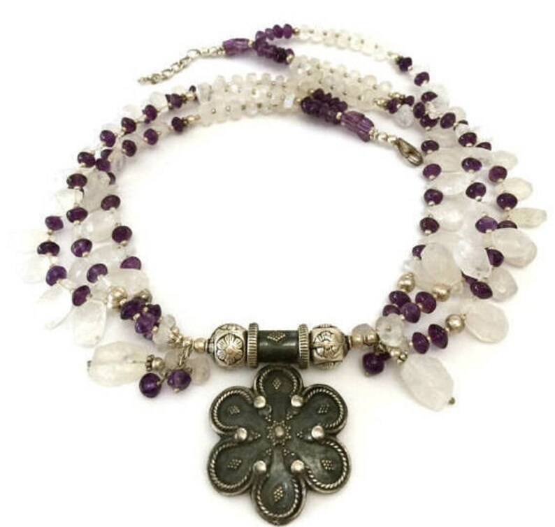 925 Sterling Silver Vintage Boho Tribal Ethnic Style Boho Three Strand Necklace of Faceted Amethyst Artisan Hand Crafted Moonstone