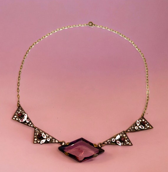 Antique Amethyst Czech Glass Necklace Enamel Leaf… - image 9