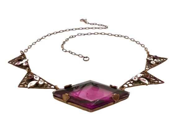 Antique Amethyst Czech Glass Necklace Enamel Leaf… - image 1