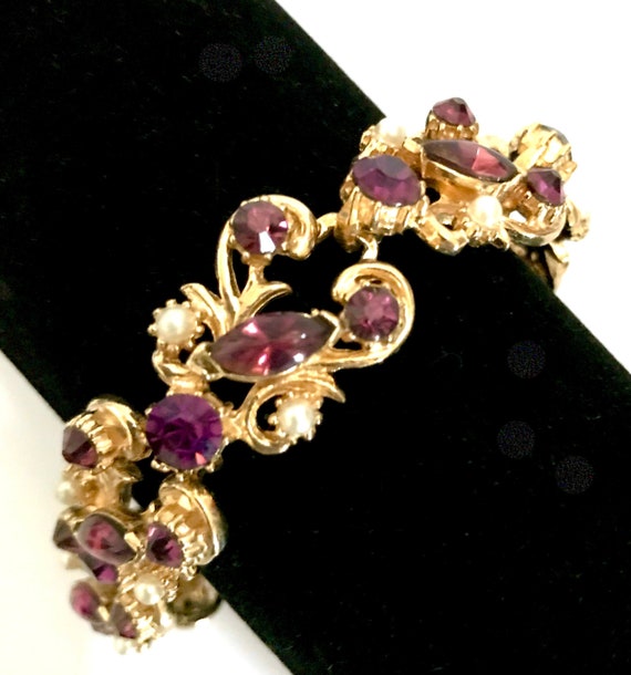 Florenza Rhinestone /& Fx Pearl Link Bracelet Amethyst Chaton Marquis Stones Faux Pearl Floral Swirled Gold Tone Wedding Gift for Her