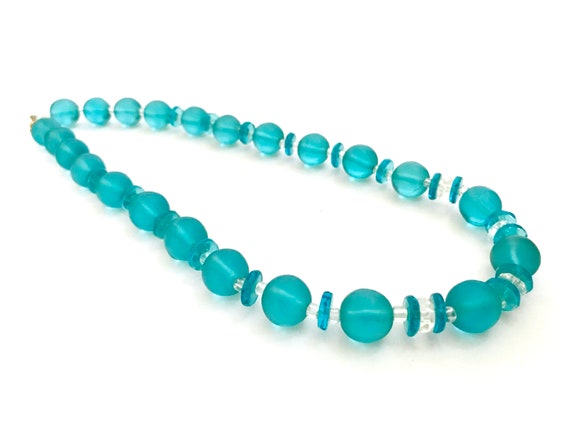 Aqua  & Clear Glass Bead Necklace, Translucent Aq… - image 8
