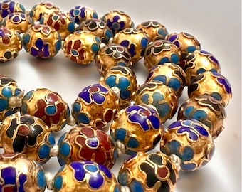 Chinese Vintage Cloisonné Beaded Necklace Multi-Color Enamel Floral Design Gold Plated Metal Gift for Her