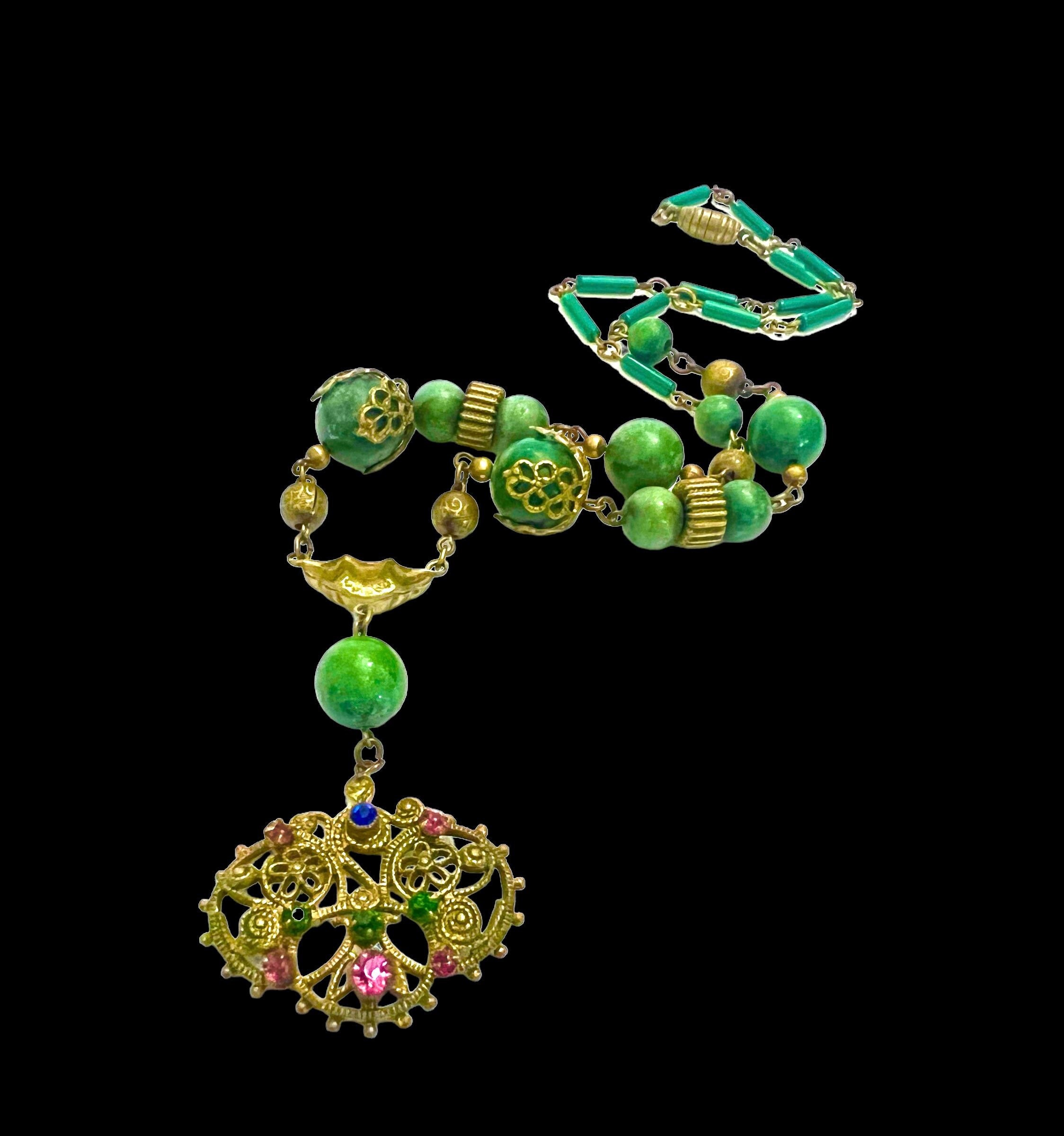 Czech Glass Pendant Necklace with Artisan Flower Beads, Mint Green and Champagne 32 Inches / 3 Inches
