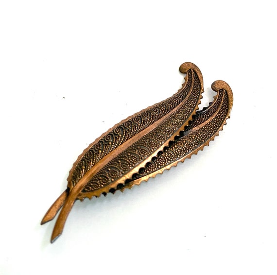 Copper Leaf Brooch Two Graceful Layered Leaves wi… - image 3