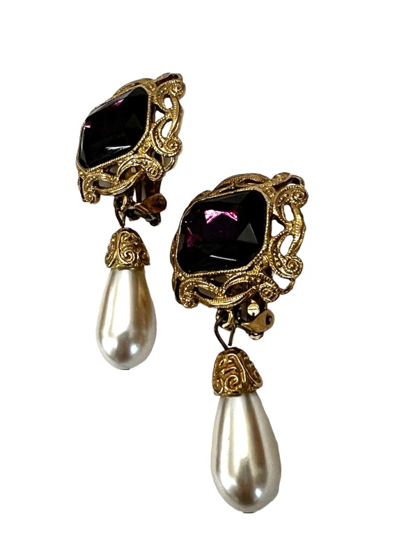 Elegant Purple Gold & Faux Pearl Dangle Earrings … - image 7
