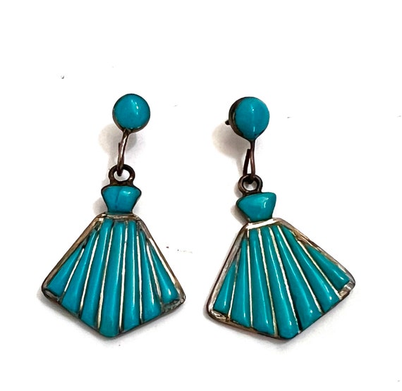 Sterling Silver and Turquoise Earrings Fan Shaped… - image 2