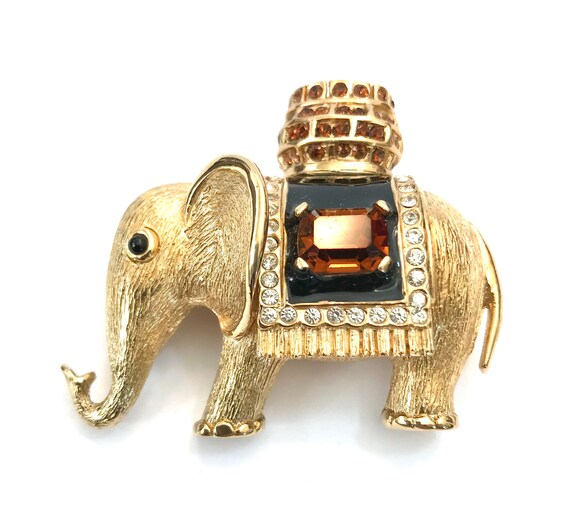 Signed Ciner Elephant Brooch Gold Plated Metal Bl