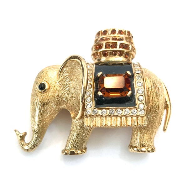 Signed  Ciner Elephant Brooch Gold Plated Metal Black Enamel with Jeweled Howdah or Seat Topaz & Clear Crystals Gift for Her