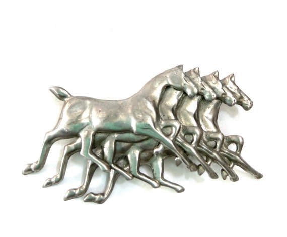 Silver Four Galloping Horses Brooch Stunning Repou