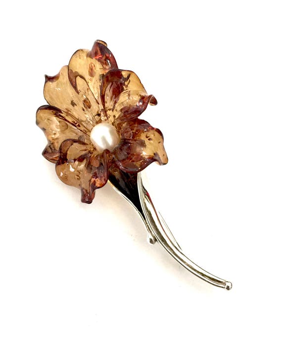 Sterling Silver Floral Brooch Dimensional Amber-l… - image 3