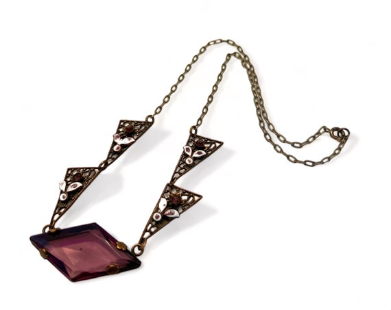 Antique Amethyst Czech Glass Necklace Enamel Leaf… - image 7