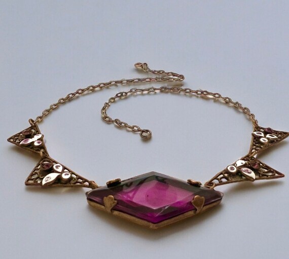 Antique Amethyst Czech Glass Necklace Enamel Leaf… - image 2