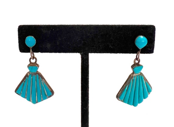 Sterling Silver and Turquoise Earrings Fan Shaped… - image 7