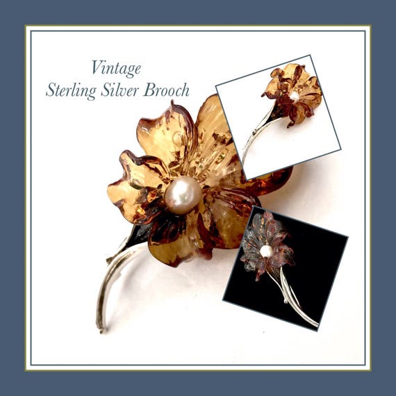 Sterling Silver Floral Brooch Dimensional Amber-l… - image 2
