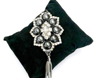 Studio Girl by DeLizza & Elster, Hematite Color Cabochons, Ice Crystal Chatons, Silver tone Metal Tassles, Mid-Century, Gift for Her