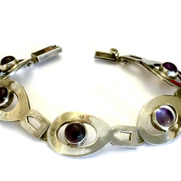 Taxco Amethyst Sterling Silver Bracelet, Vintage Taxco Mexico, 925 Silver Link Bracelet, Amethyst Cabochons, Artisan Hand Wrought, Boho