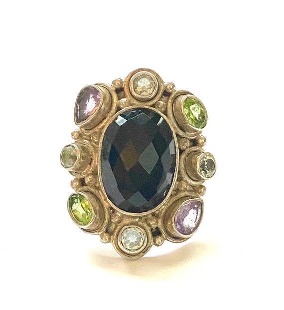 Sterling Silver Gemstone Statement Ring Faceted B… - image 1