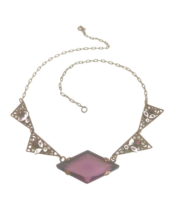 Antique Amethyst Czech Glass Necklace Enamel Leaf… - image 4