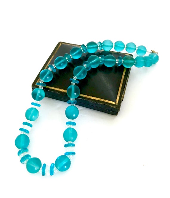 Aqua  & Clear Glass Bead Necklace, Translucent Aq… - image 6