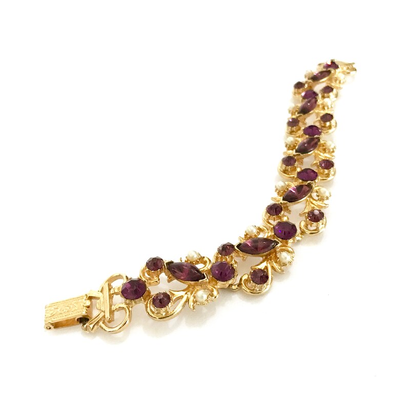Florenza Rhinestone /& Fx Pearl Link Bracelet Amethyst Chaton Marquis Stones Faux Pearl Floral Swirled Gold Tone Wedding Gift for Her
