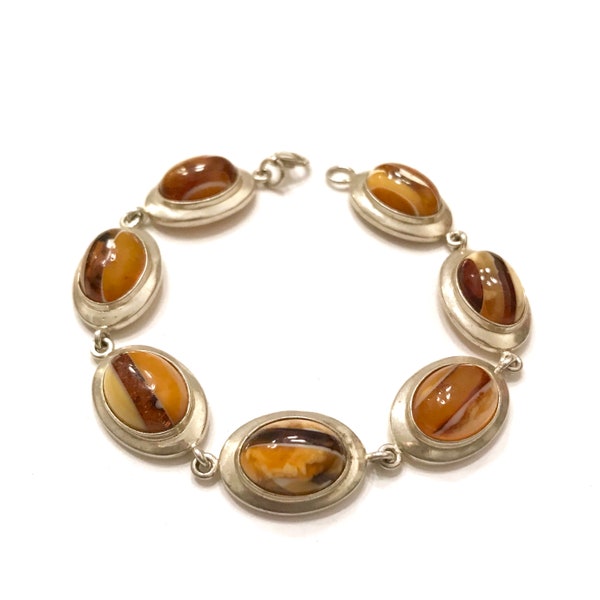 Sterling Silver Amber Link Bracelet Honey Butterscotch & Egg Yolk Baltic Amber Mosaic Oval Cabochons Modernist Gift for Her