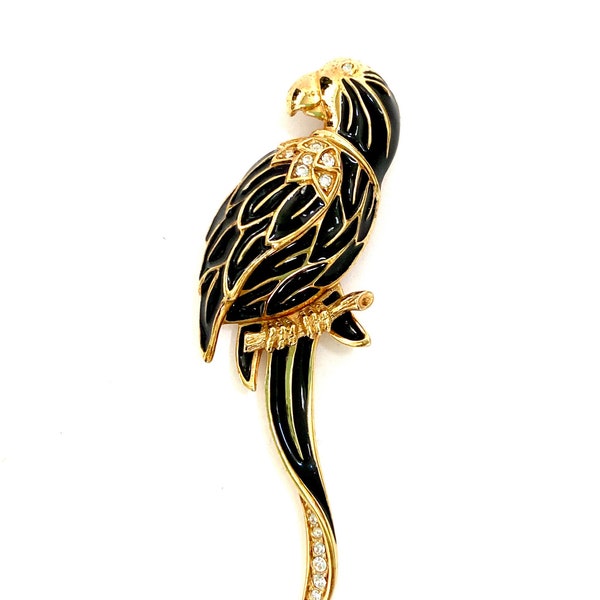 Large Swarovski Enamel and Rhinestone Parrot Brooch Black Enamel Clear Ice Crystal Accents Signed S.A.L. Gold Plated Gift for Her