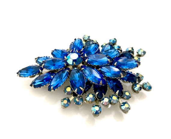 Cathe' Blue Rhinestone Floral Brooch, Blue Marqui… - image 4