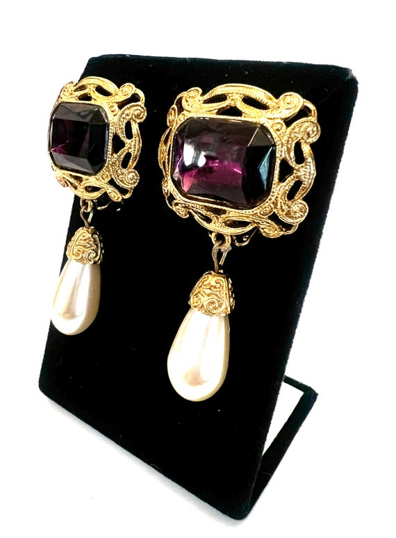 Elegant Purple Gold & Faux Pearl Dangle Earrings … - image 4