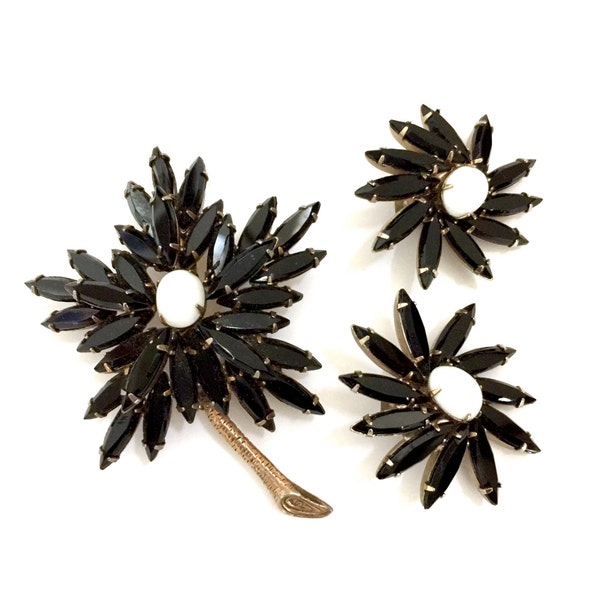 Weiss Floral Demi, Brooch & Earring Set, Opaque Black and White Crystals, Black Navettes and White Milk Glass Ovals, Signed, Gift for Her