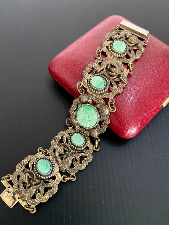 Neiger Art Deco Chinoiserie Bracelet Jade Molded … - image 6