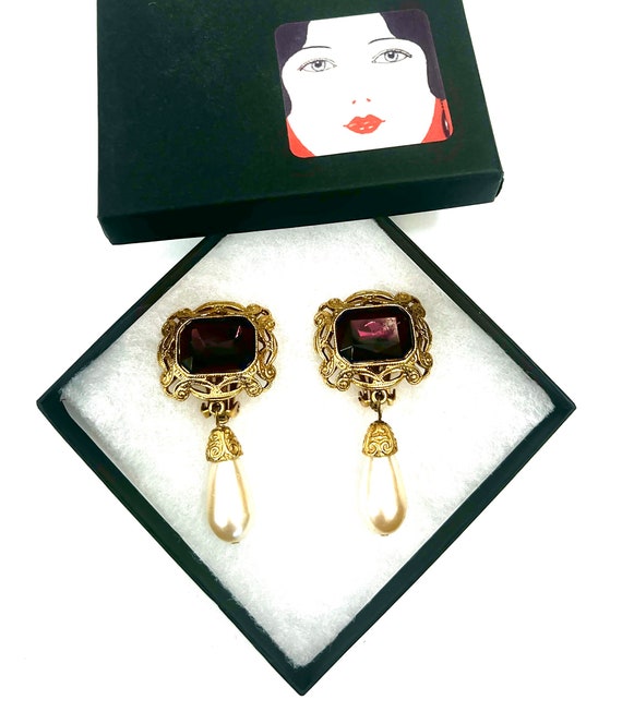 Elegant Purple Gold & Faux Pearl Dangle Earrings … - image 8