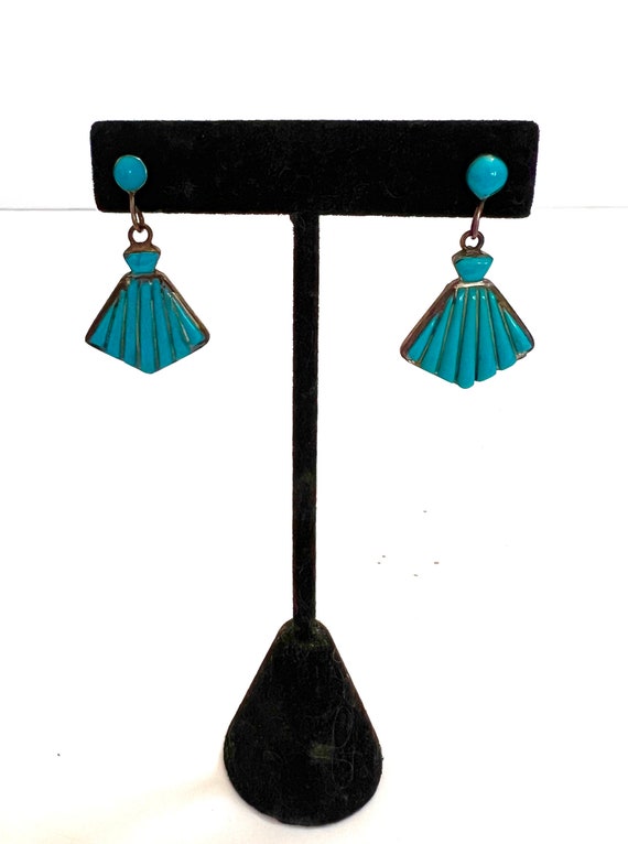 Sterling Silver and Turquoise Earrings Fan Shaped… - image 4