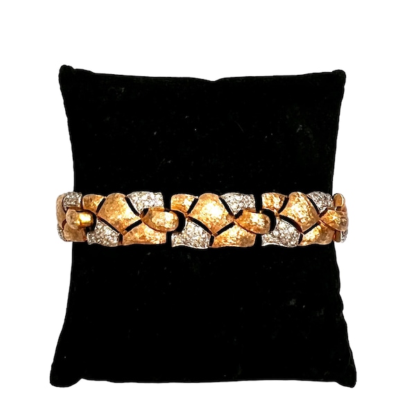 Joseph Mazer 1940’s Brushed Gold Plated Cobblestone Design Bracelet Pave Ice Crystals Under - Stated Elegance Designer Signed Gift for Her