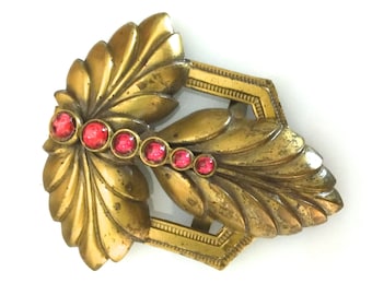 Art Nouveau Brass Tone Belt Buckle, Pink/Coral Glass Cabochons, Arts and Craft Design, 1920s 1930s, Unique Buckle, Vintage Gift for Her