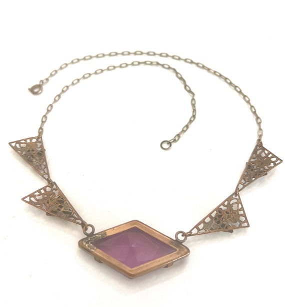 Antique Amethyst Czech Glass Necklace Enamel Leaf… - image 10