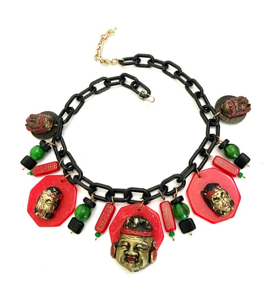 Celluloid and Bakelite Charm Necklace Black Cellu… - image 7