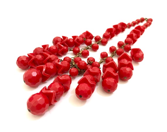 Red Plastic Dangle Bib Necklace, Funky Red Dangle… - image 2